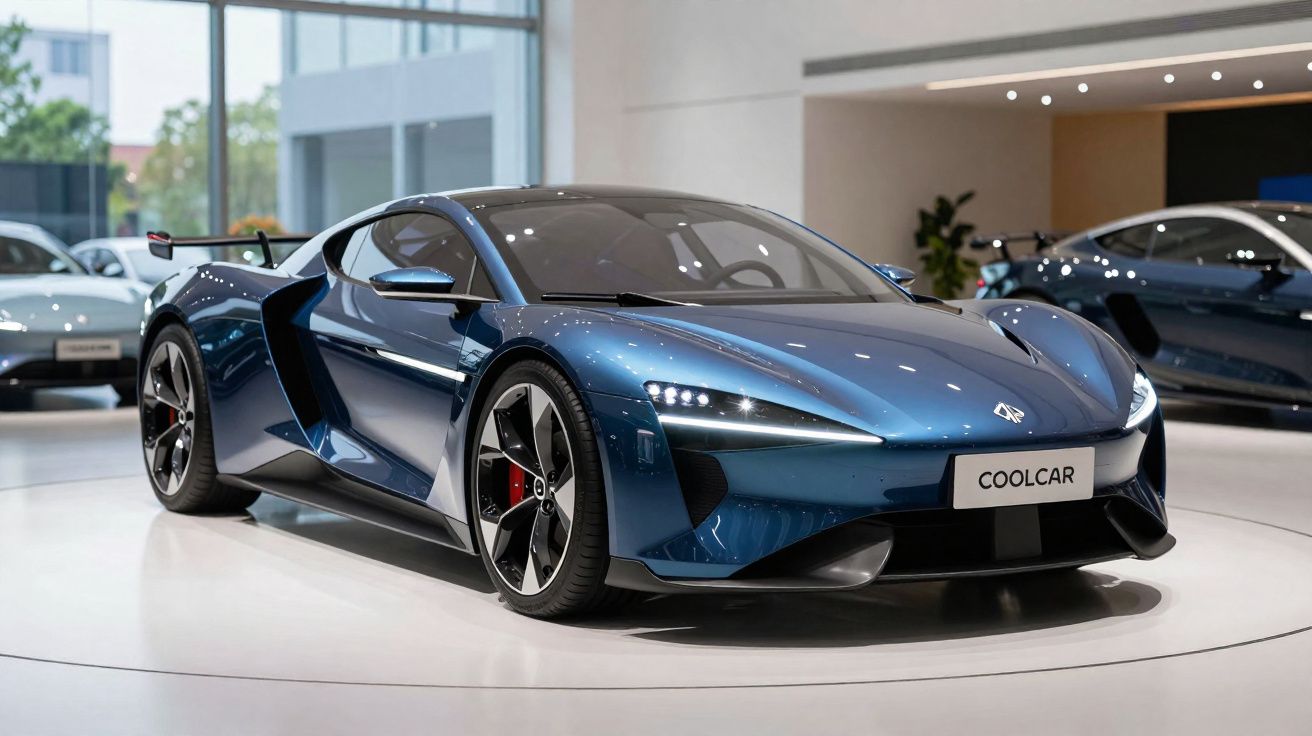 Carro desportivo azul metálico exposto em sala de showroom moderna com outras viaturas ao fundo.