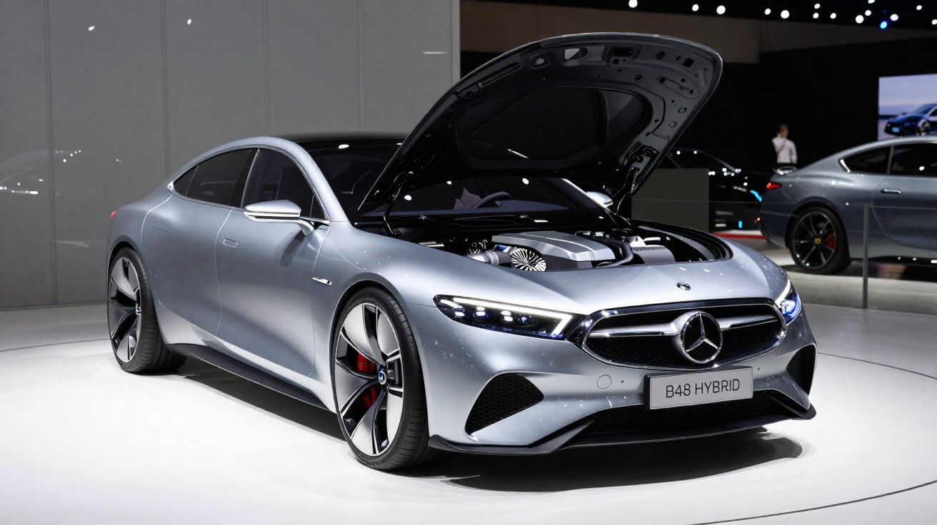 Carro desportivo Mercedes-Benz B48 HYBRID prateado com capô aberto em exibição numa feira automóvel.