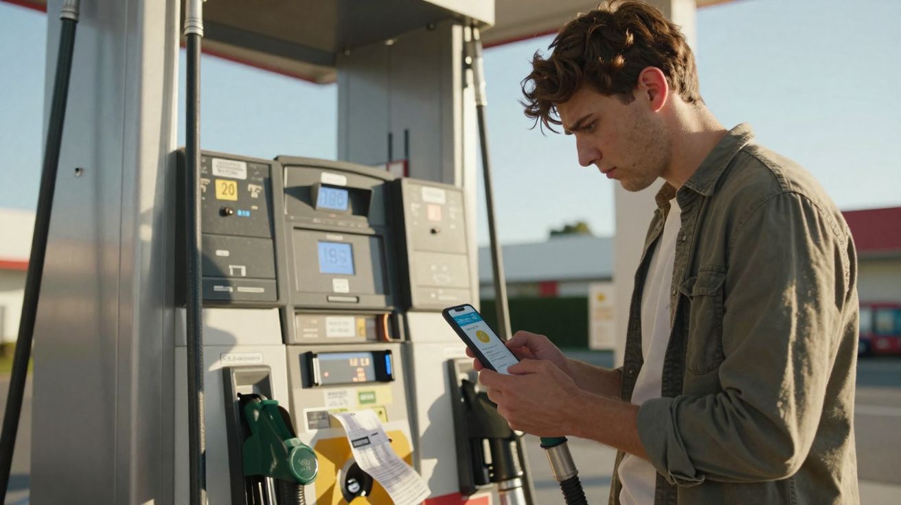 Homem jovem numa bomba de gasolina a usar um telemóvel e a segurar numa mangueira de abastecimento.