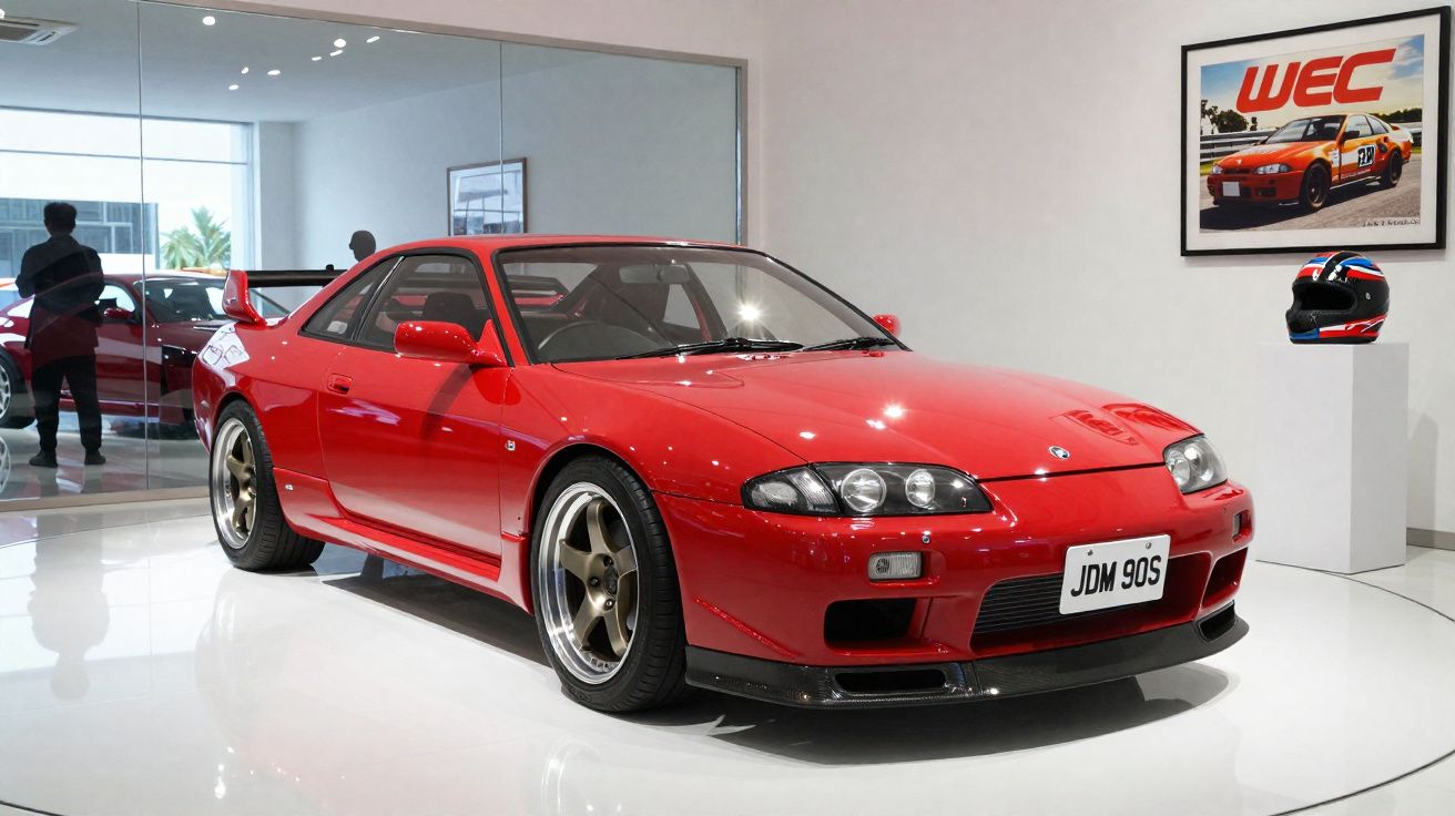 Carro desportivo vermelho clássico num showroom com capacete e quadro WEC na parede.