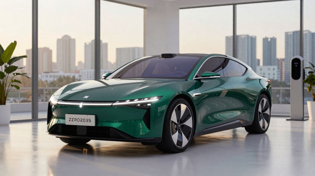 Carro elétrico desportivo verde estacionado num espaço interior moderno com janelas grandes e vista urbana.