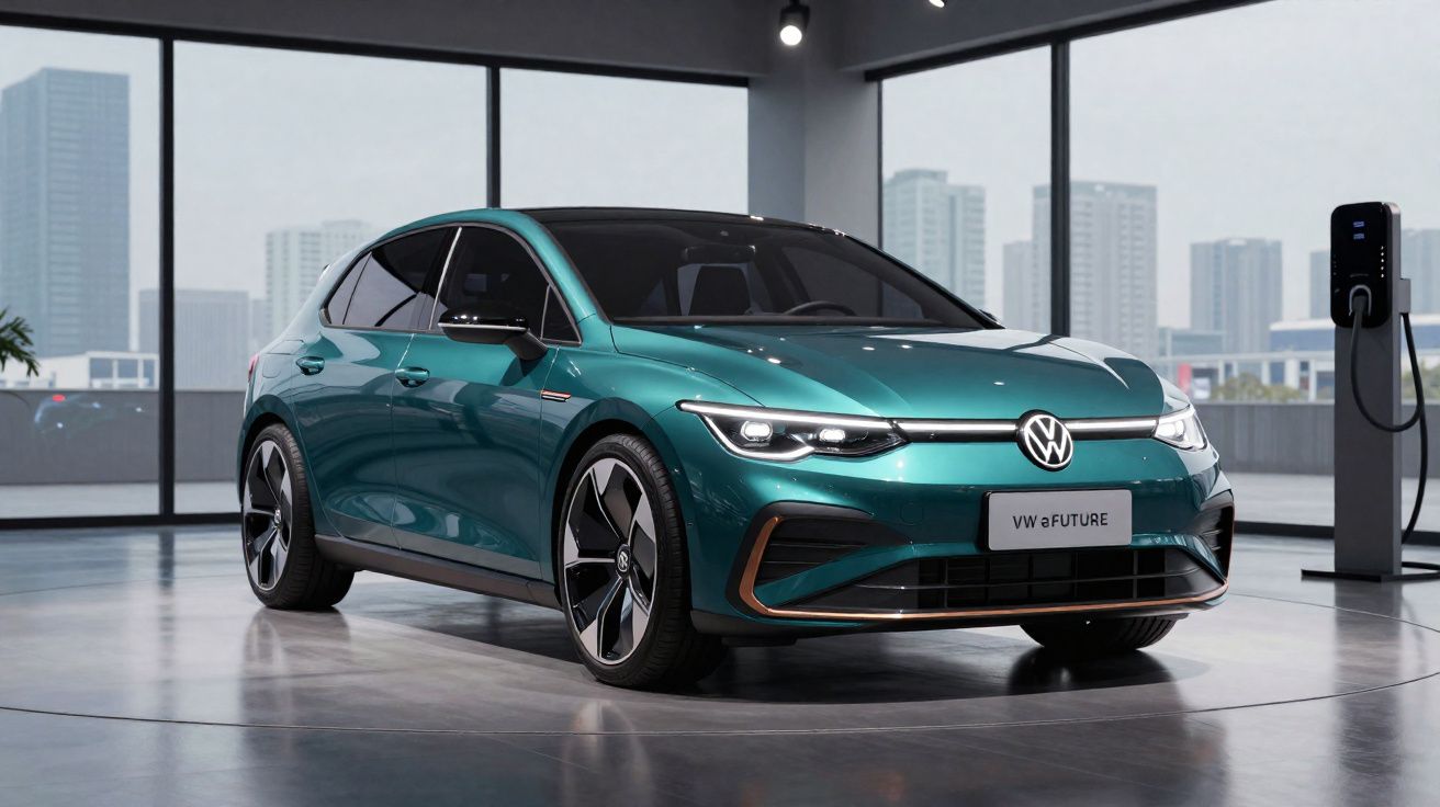 Carro elétrico Volkswagen verde num showroom moderno com janelas amplas e estação de carregamento.