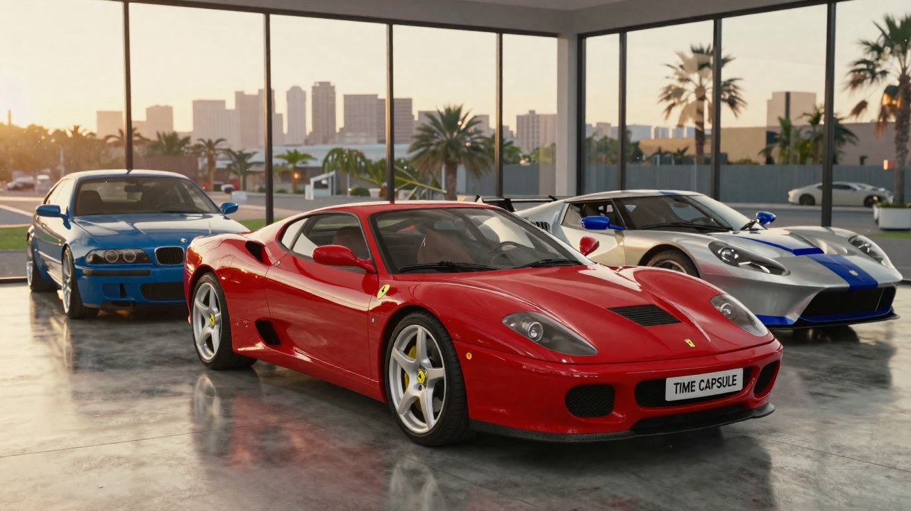 Garagem com três carros desportivos clássicos: Ferrari vermelha, Ford GT prata com fita azul e BMW azul.