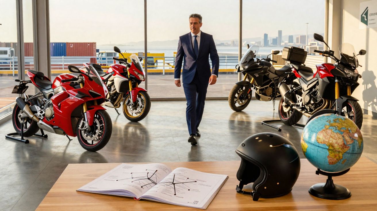 Homem de fato azul a caminhar em showroom com quatro motos e mesa com capacete, globo terrestre e livro aberto.