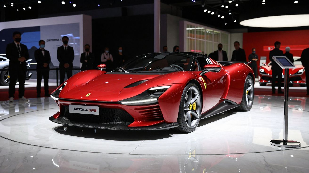 Carro desportivo vermelho Ferrari Daytona SP3 exposto numa feira automóvel com pessoas ao fundo.