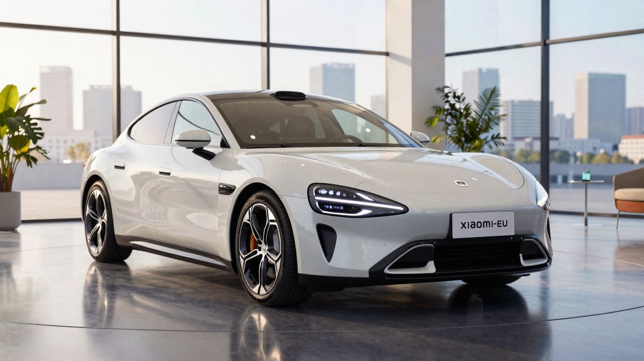 Carro elétrico branco Xiaomi EV estacionado num espaço interior moderno com vista para a cidade.