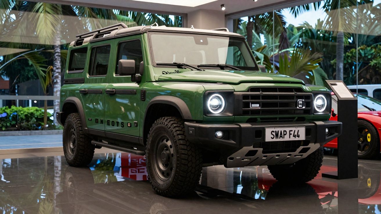 Veículo SUV verde com faróis acesos exposto num salão automóvel com piso espelhado.