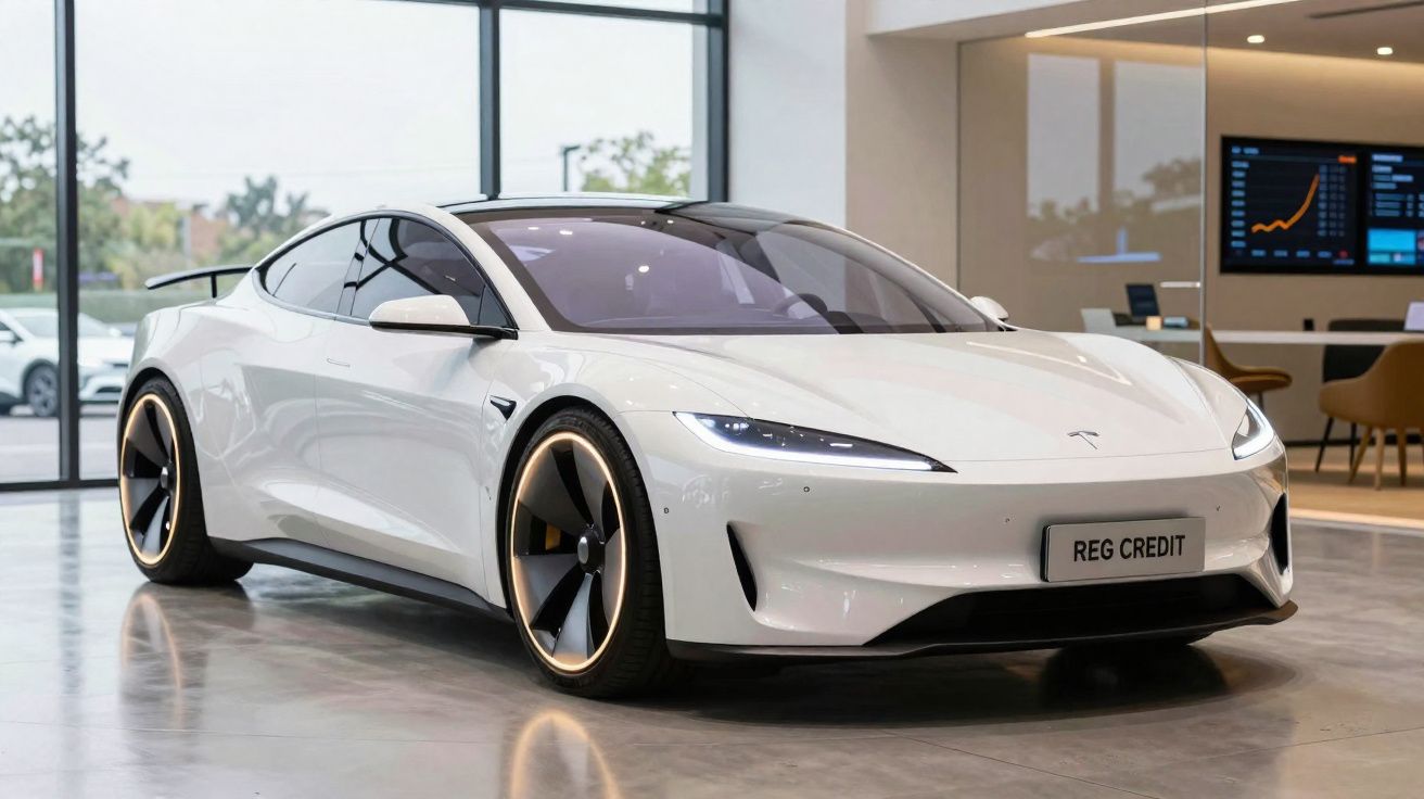 Carro desportivo elétrico branco Tesla apresentado em salão moderno com janelas amplas.