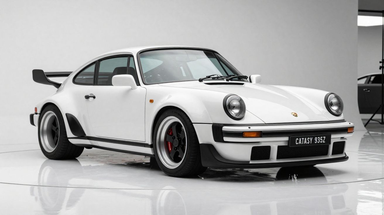 Carro desportivo clássico Porsche 911 branco com asa traseira em estúdio branco.