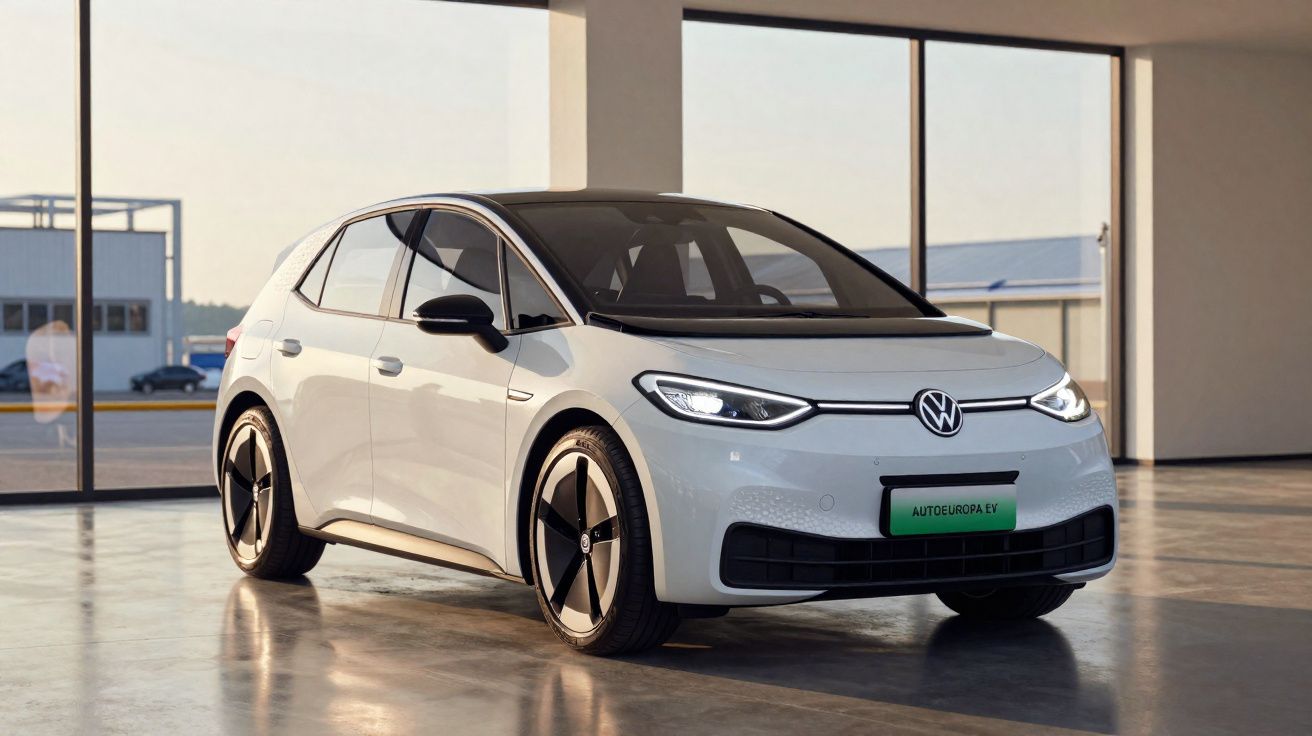 Carro elétrico Volkswagen branco estacionado em garagem moderna com grandes janelas de vidro.