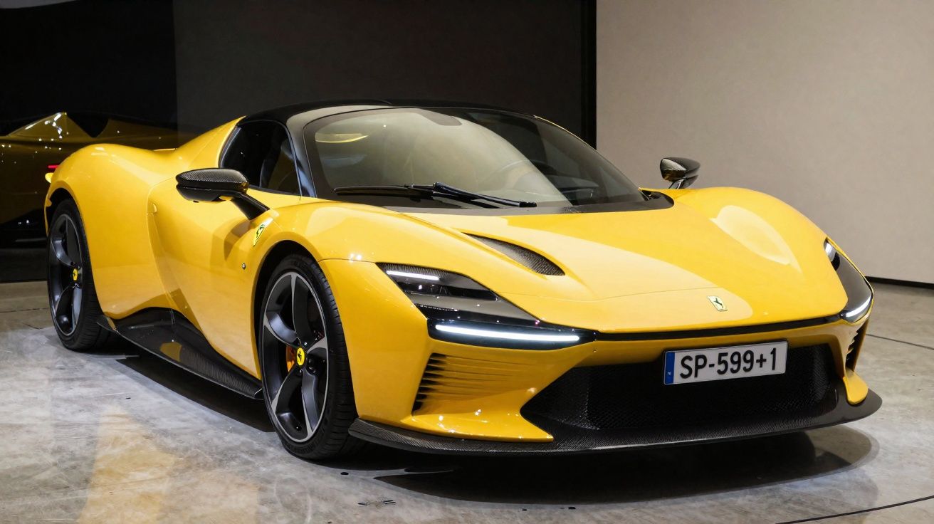 Carro desportivo amarelo Ferrari com placas SP-599+1 em exposição interior.