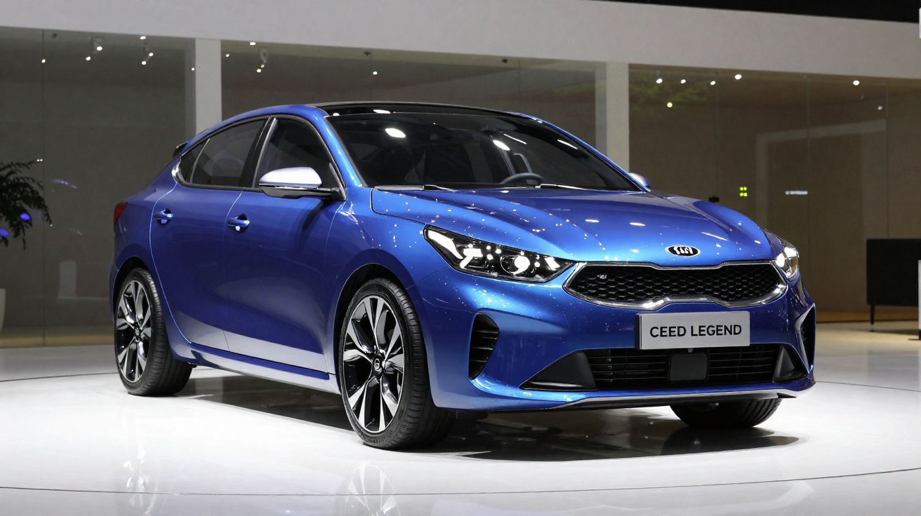 Carro desportivo Kia Ceed Legend azul exposto em salão com iluminação moderna e fundo neutro.