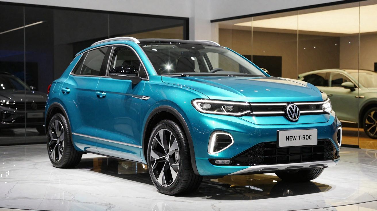 Volkswagen T-Roc azul metálico estacionado em salão automóvel com reflexos no chão branco.