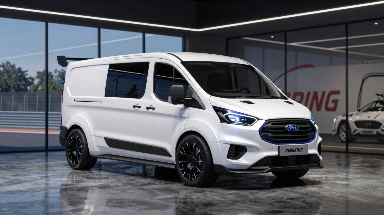 Carrinha branca moderna estacionada num piso brilhante dentro de garagem com paredes de vidro.