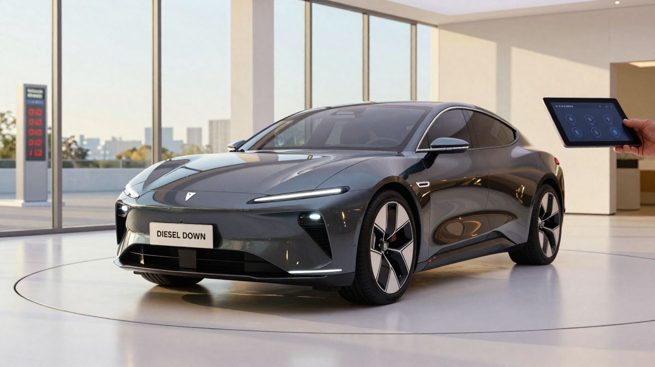 Carro elétrico cinza num showroom moderno com janelas amplas e controlo por tablet.