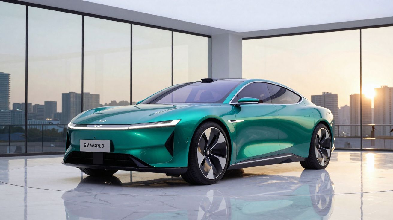 Carro elétrico verde metálico numa sala com grandes janelas e vista para a cidade ao pôr do sol.