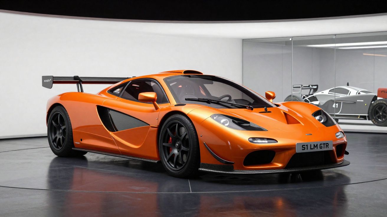 Carro desportivo McLaren F1 GTR laranja estacionado numa sala de exposição moderna e minimalista.