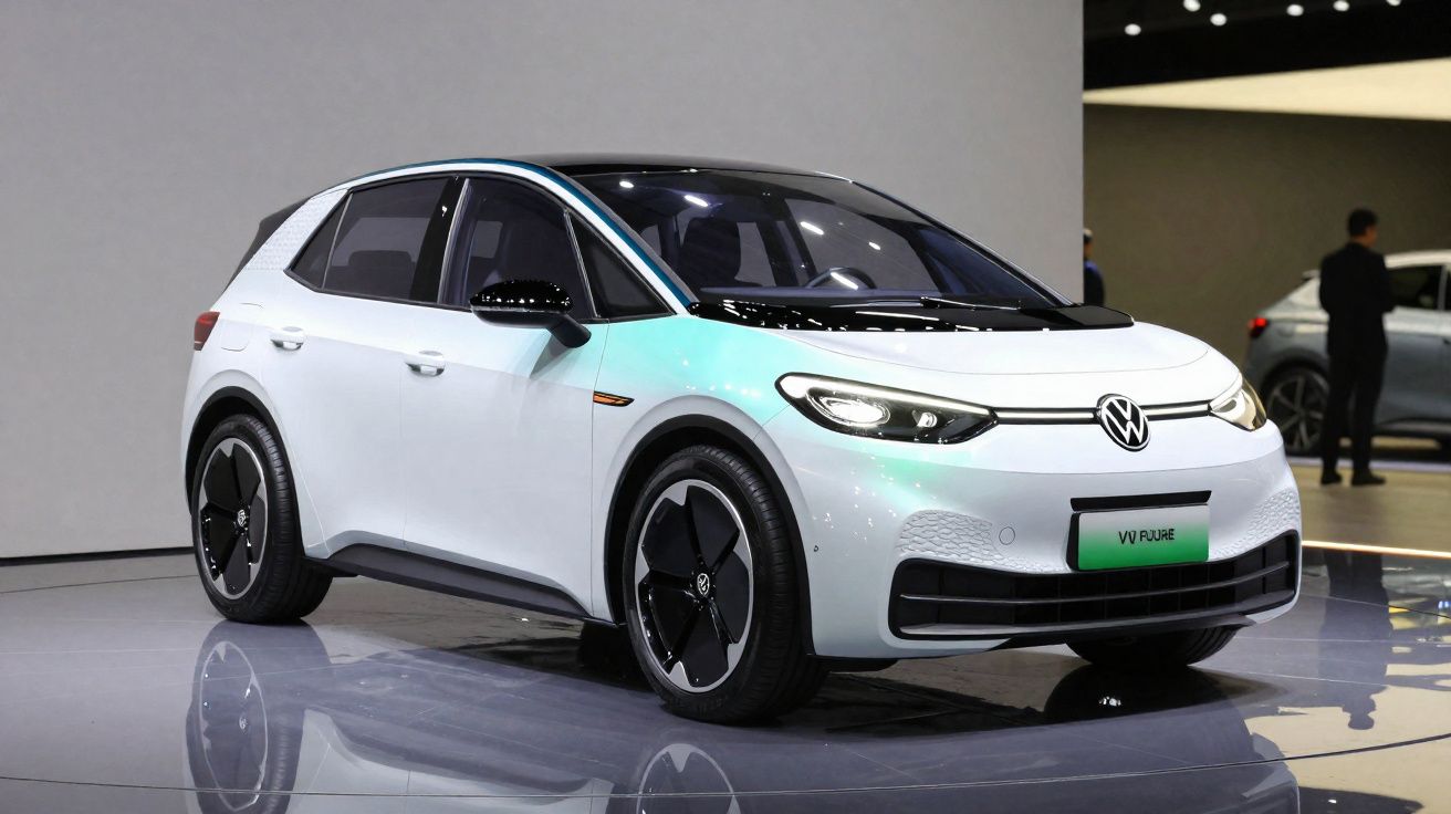 Carro elétrico branco da Volkswagen em exposição, modelo moderno com faróis acesos e jantes pretas.