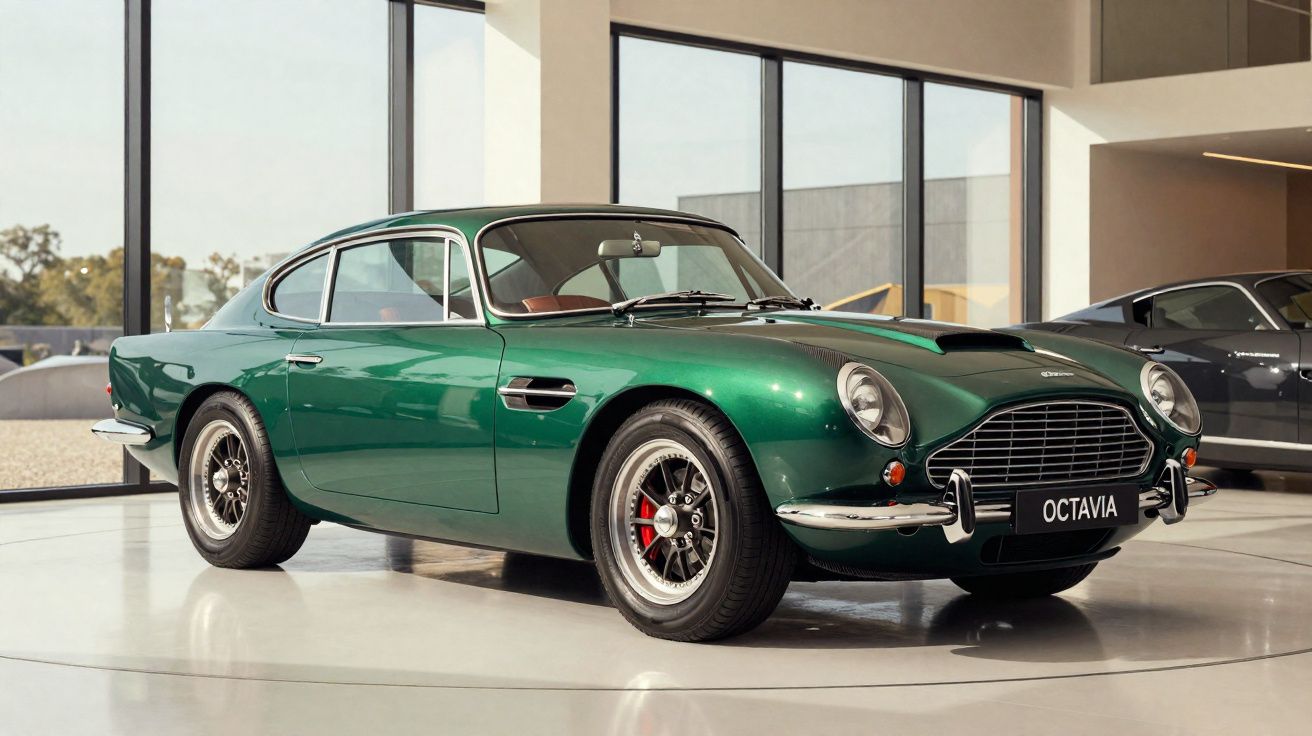 Carro clássico verde metálico Aston Martin DB5 exposto em ambiente moderno com grandes janelas.
