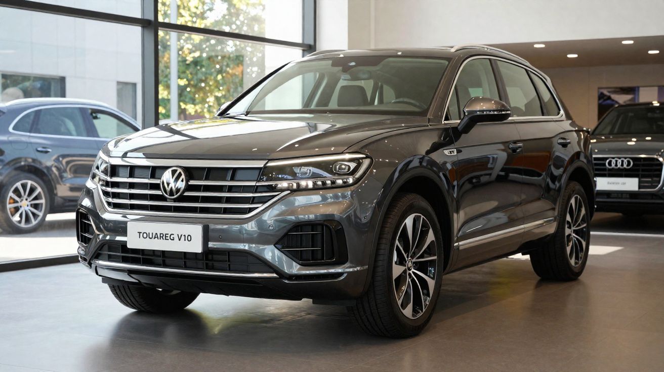 Carro Volkswagen Touareg V10 cinzento exhibido no interior de um concessionário automóvel.
