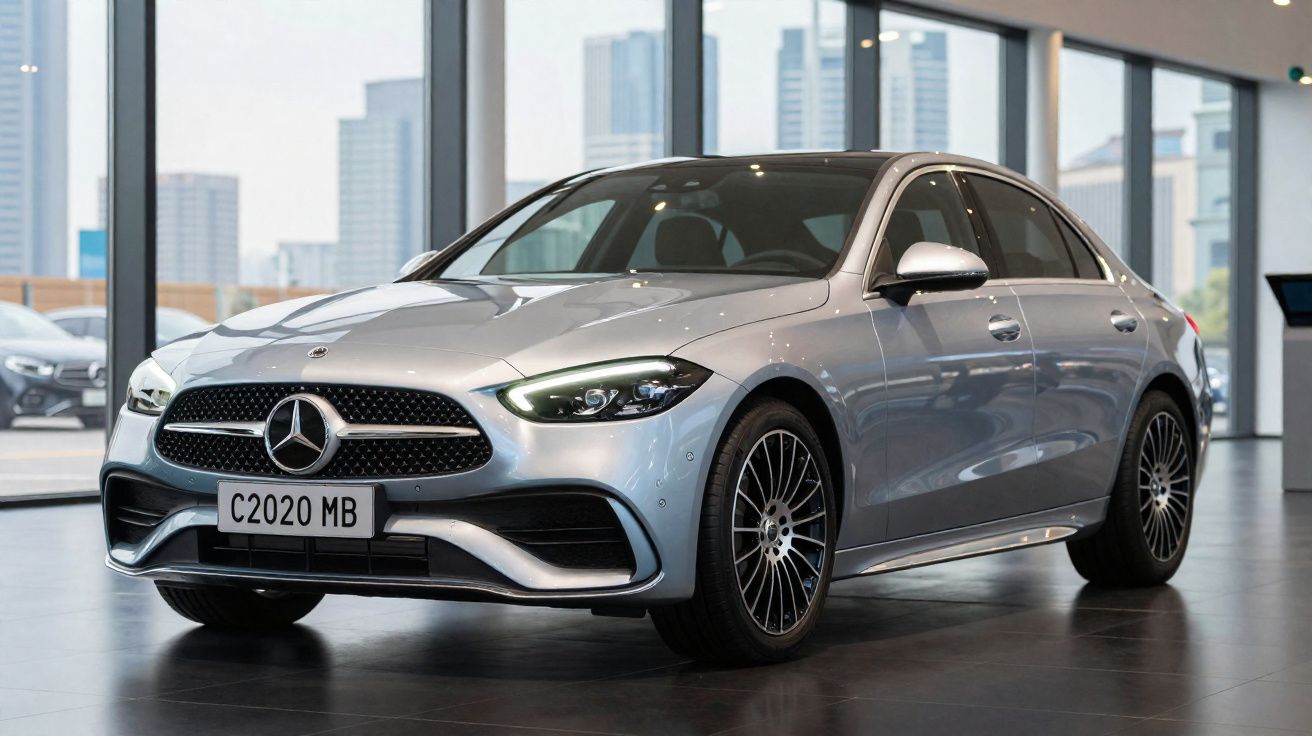 Carro Mercedes-Benz prateado moderno exibido em showroom com janelas grandes e vista urbana ao fundo.