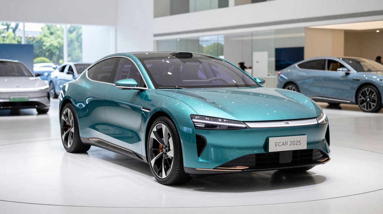 Carro elétrico moderno verde azul em exposição num salão automóvel com outros carros ao fundo.