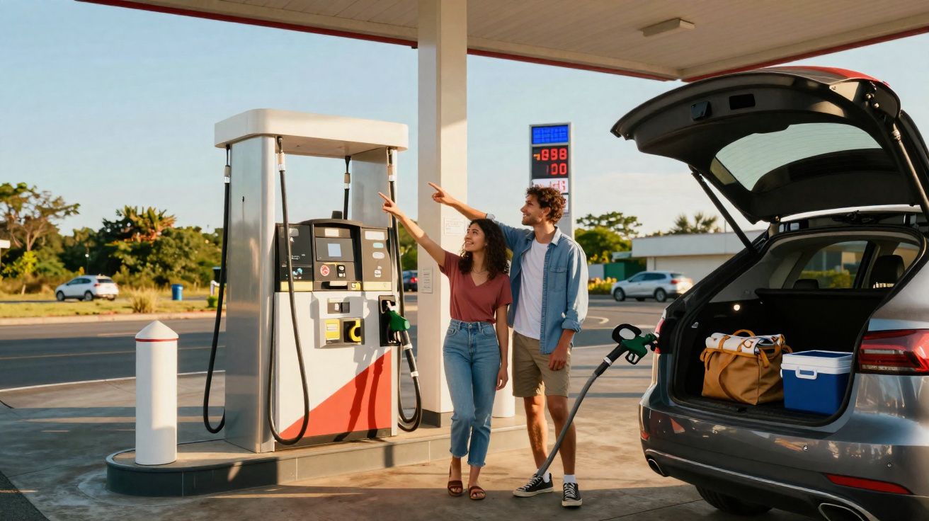 Casal jovem a abastecer carro na bomba de gasolina de um posto de serviços ao ar livre.