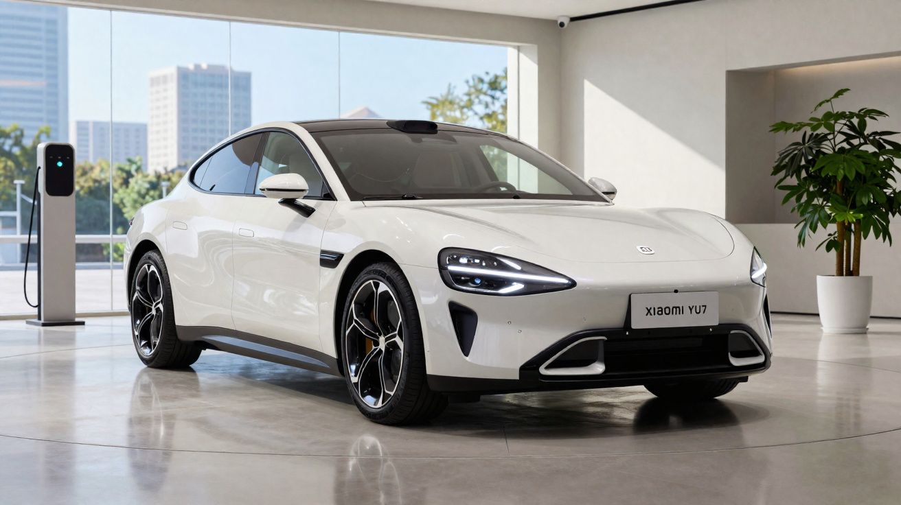 Carro elétrico branco Xiaomi YU7 estacionado em garagem moderna com carregador e planta decorativa.