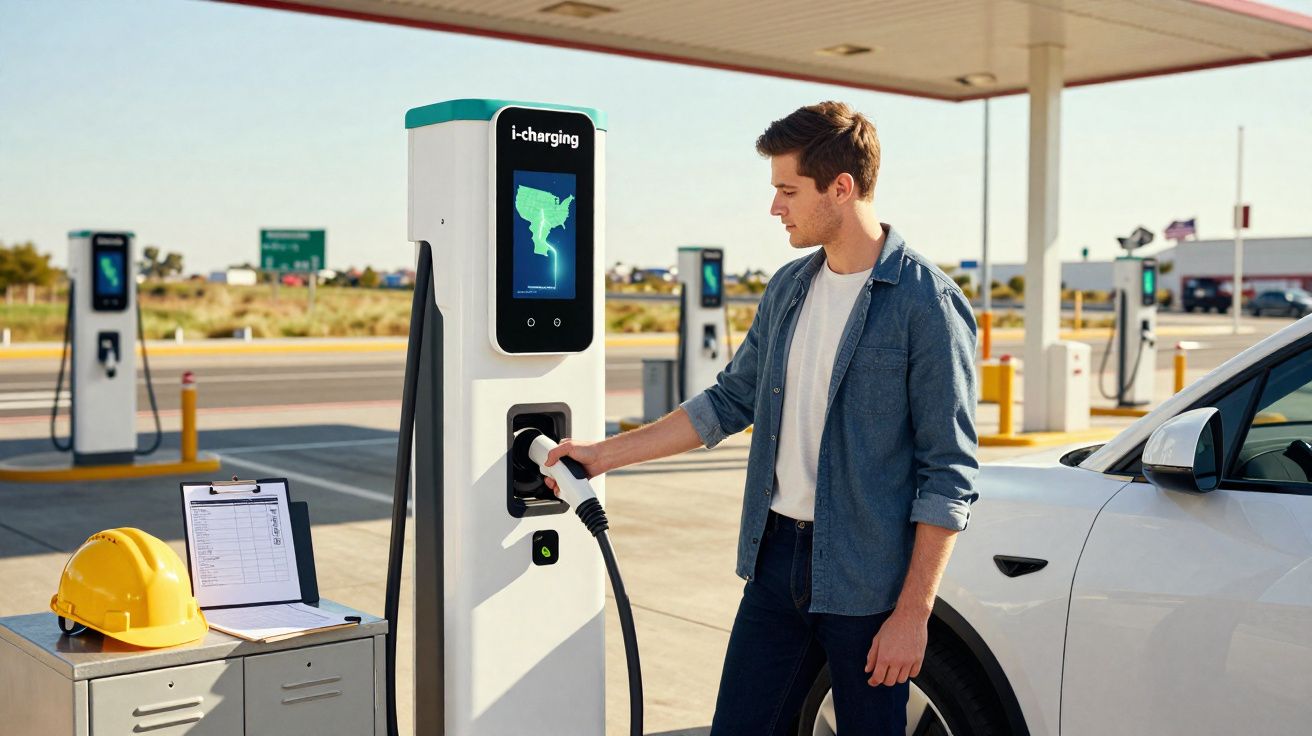 Homem a carregar um carro elétrico numa estação de carregamento ao ar livre, com capacete e clipboard ao lado.