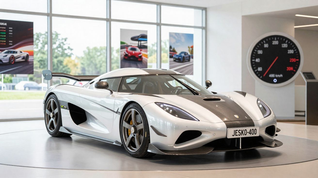 Carro desportivo prateado Koenigsegg Jesko-400 em exposição num showroom moderno com janelas amplas.