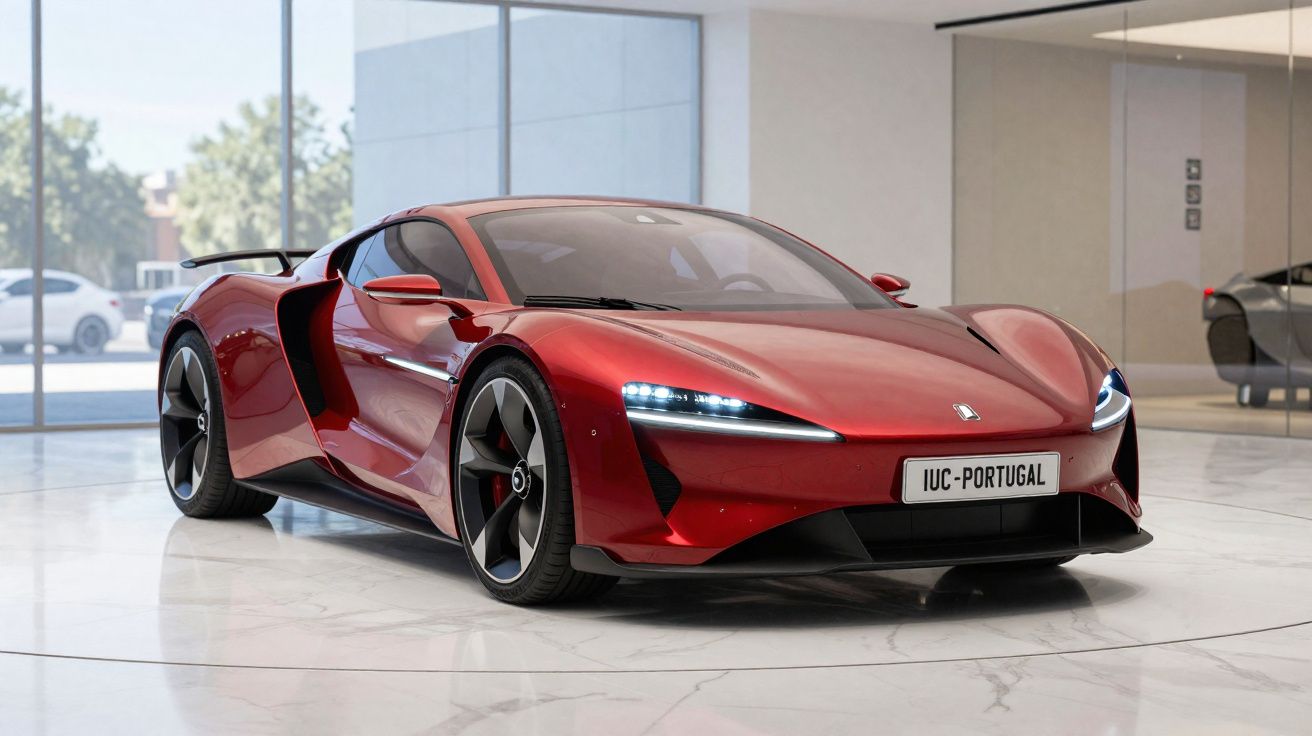 Carro desportivo vermelho com faróis ligados numa garagem moderna com chão em mármore branco.