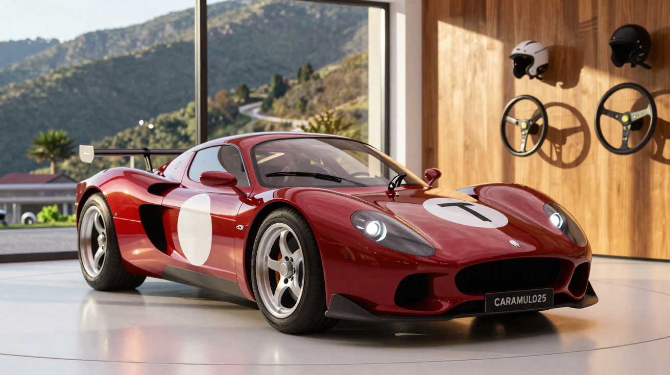 Carro desportivo vermelho clássico com número 1 em exposição numa sala com volante e capacetes na parede.