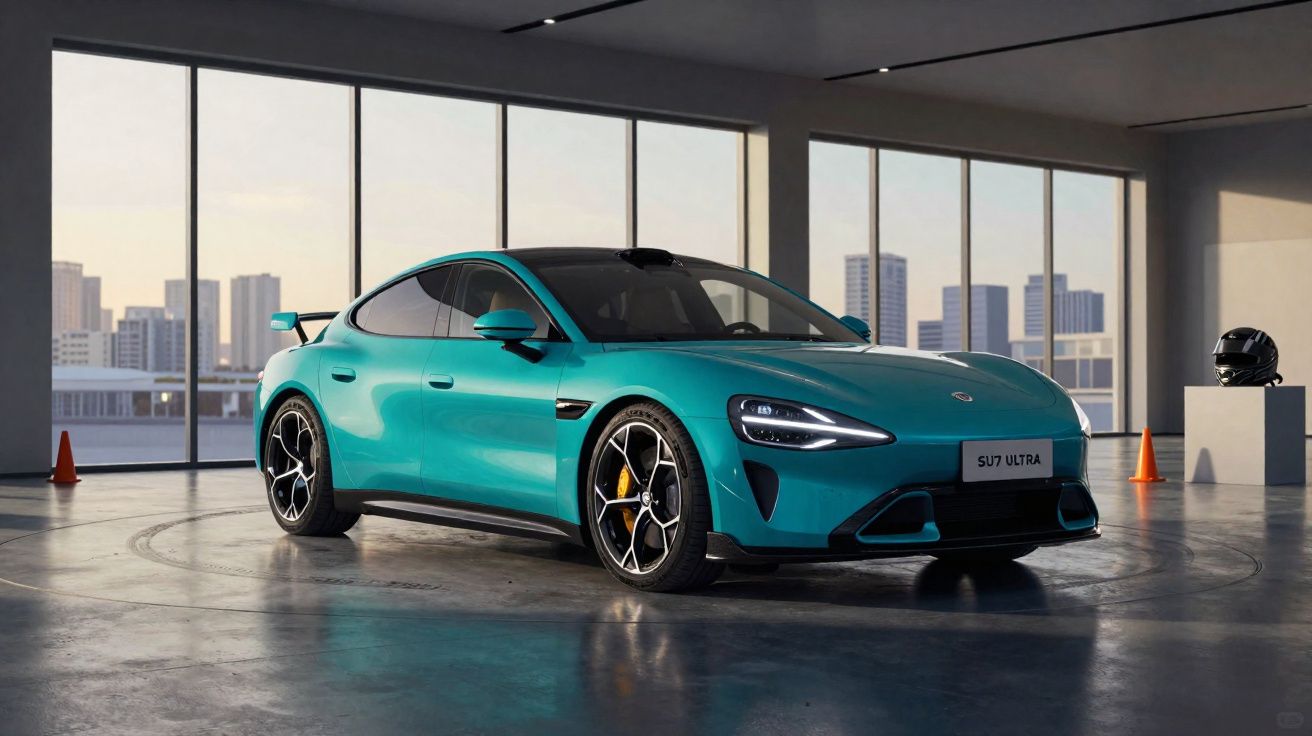 Carro desportivo elétrico verde azul em garagem moderna com grandes janelas e vista urbana ao fundo.