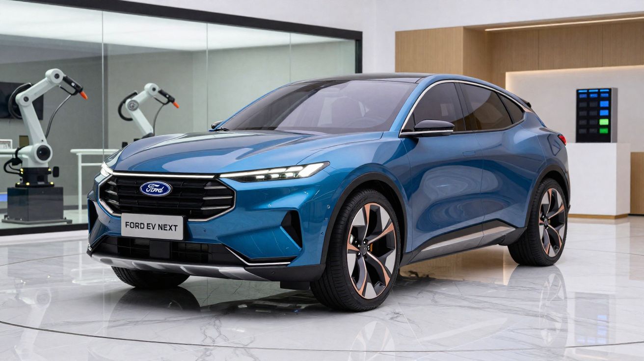 Carro elétrico Ford EV Next azul estacionado num espaço moderno com robôs industriais ao fundo.