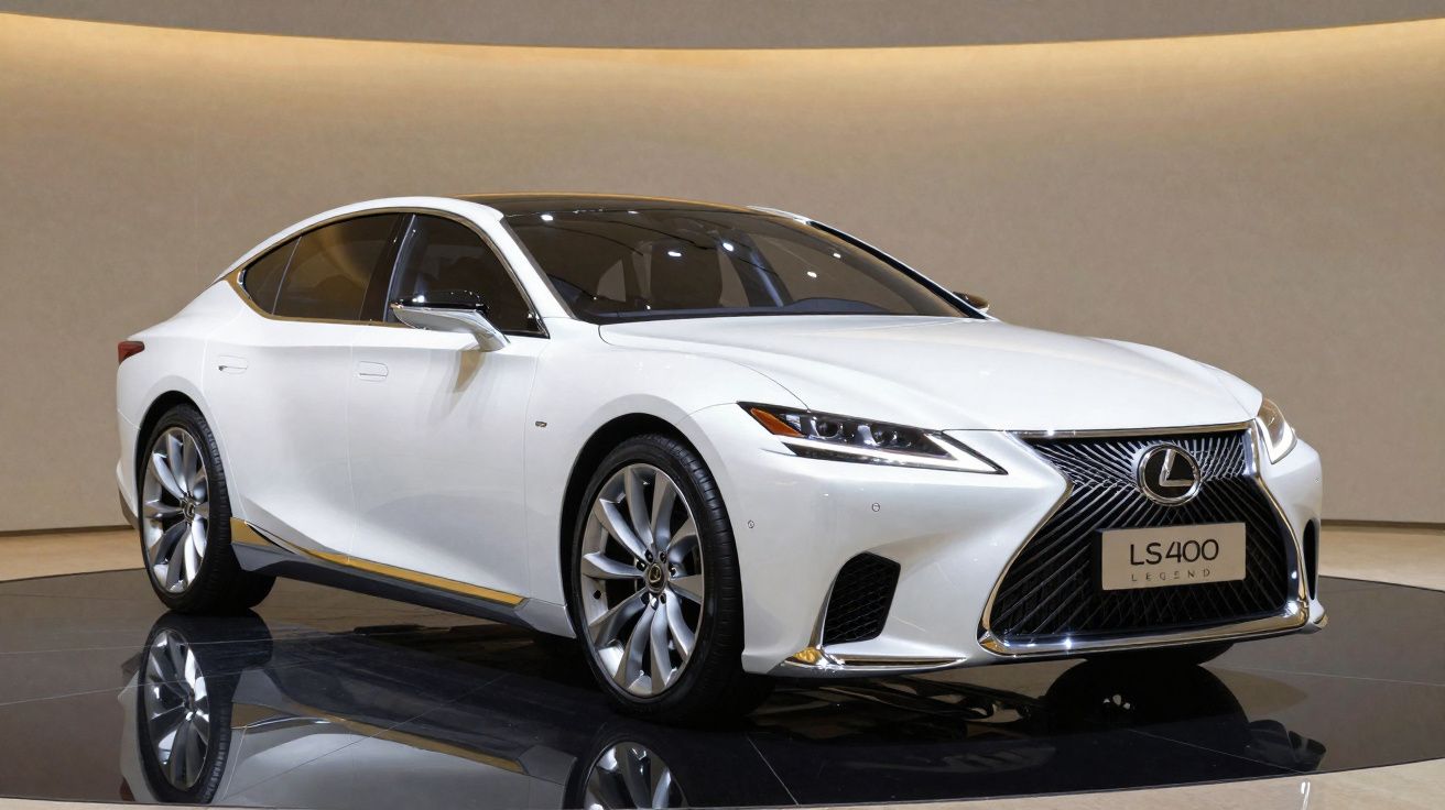 Automóvel Lexus LS400 Legend branco estacionado em plataforma brilhante, vista frontal direita.