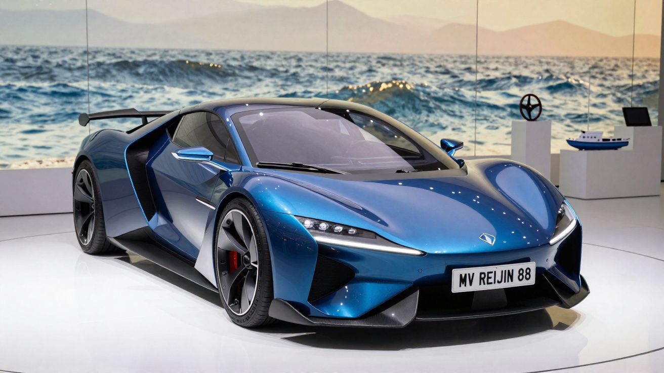 Carro desportivo azul metálico exposto num salão com fundo de cenário marítimo.