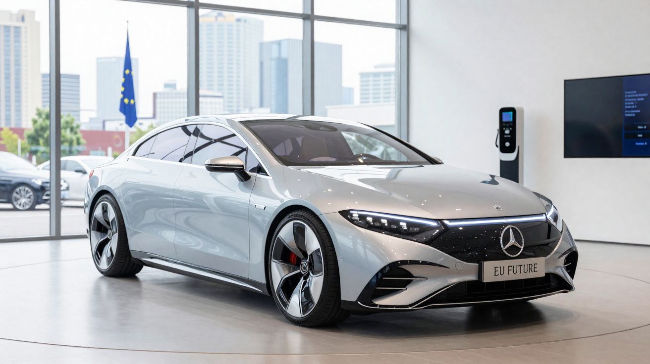 Carro elétrico prateado da Mercedes-Benz exibido numa sala moderna com janelas grandes e estação de carregamento.