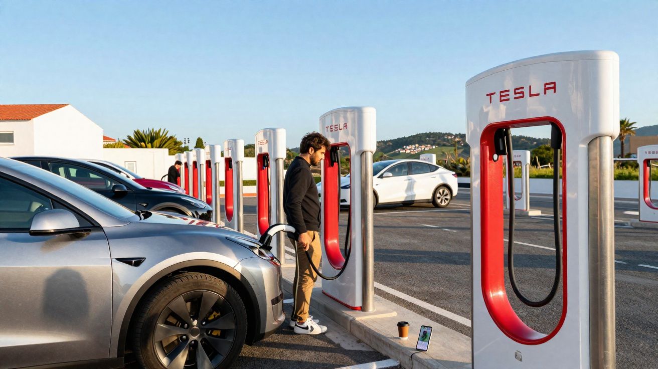 Homen a vincular carro elétrico Tesla a carregador numa estação de carregamento ao ar livre.
