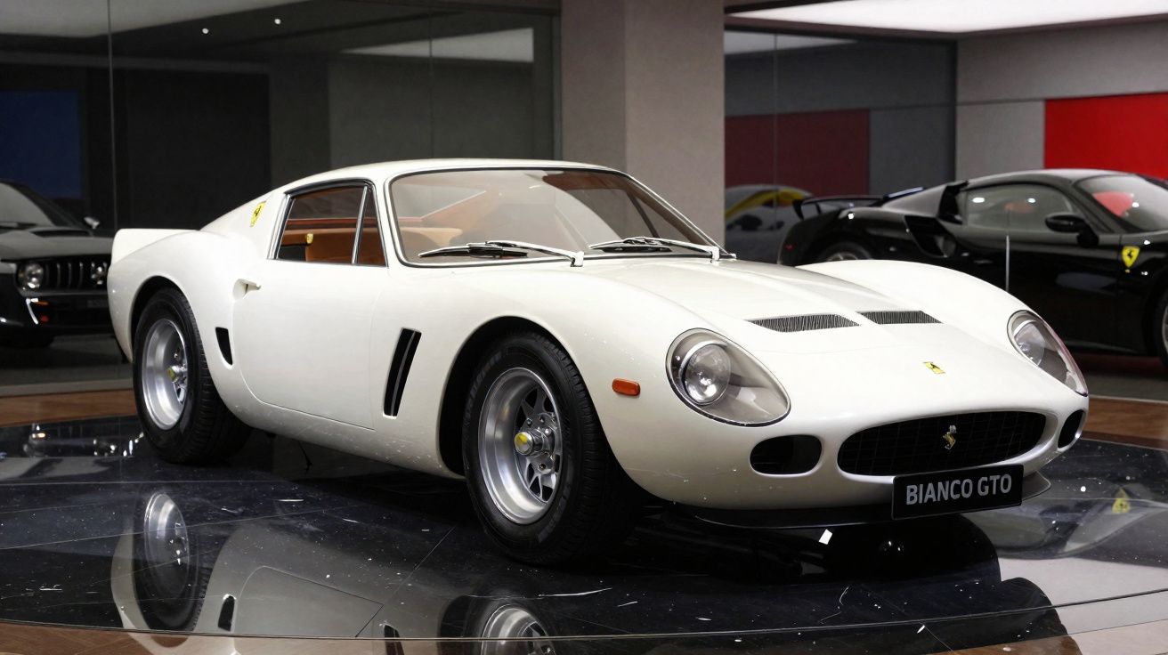 Carro clássico desportivo Ferrari Bianco GTO branco exposto em interior moderno com reflexos no chão.