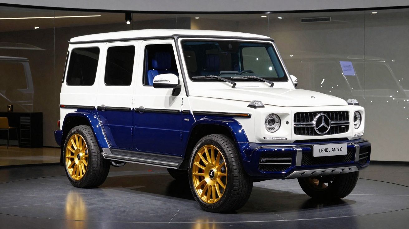 SUV Mercedes-Benz G AMG bicolor branco e azul com jantes douradas em exposição interior.