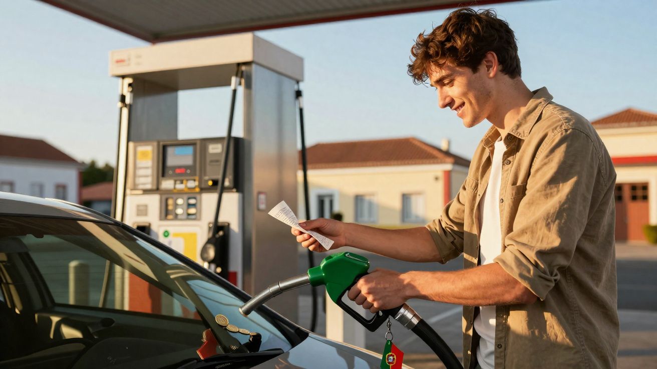 Homem jovem a abastecer carro numa bomba de combustível, segurando um recibo, ao ar livre num posto.