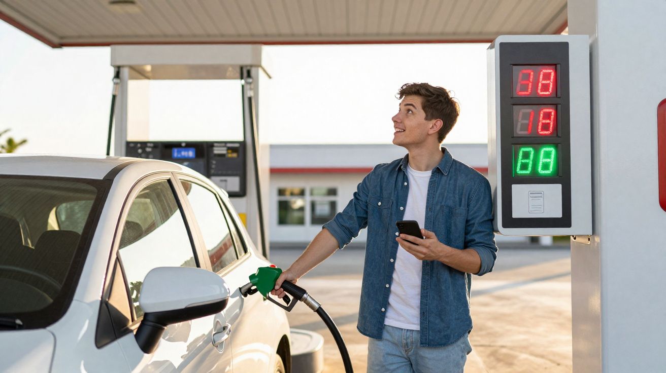 Homem jovem a abastecer carro branco numa bomba de combustível, segurando telemóvel e sorrindo.