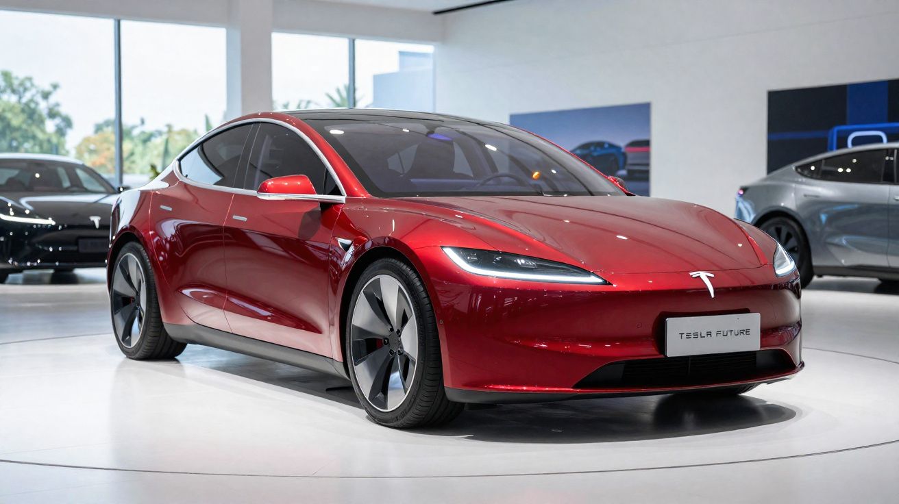 Carro elétrico Tesla vermelho moderno numa exposição interior com piso branco e outros modelos ao fundo.