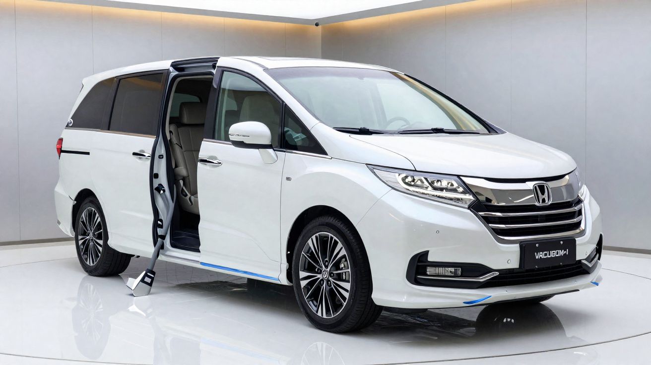 Monovolume branco da Honda com porta deslizante aberta, em ambiente de exposição moderno e minimalista.