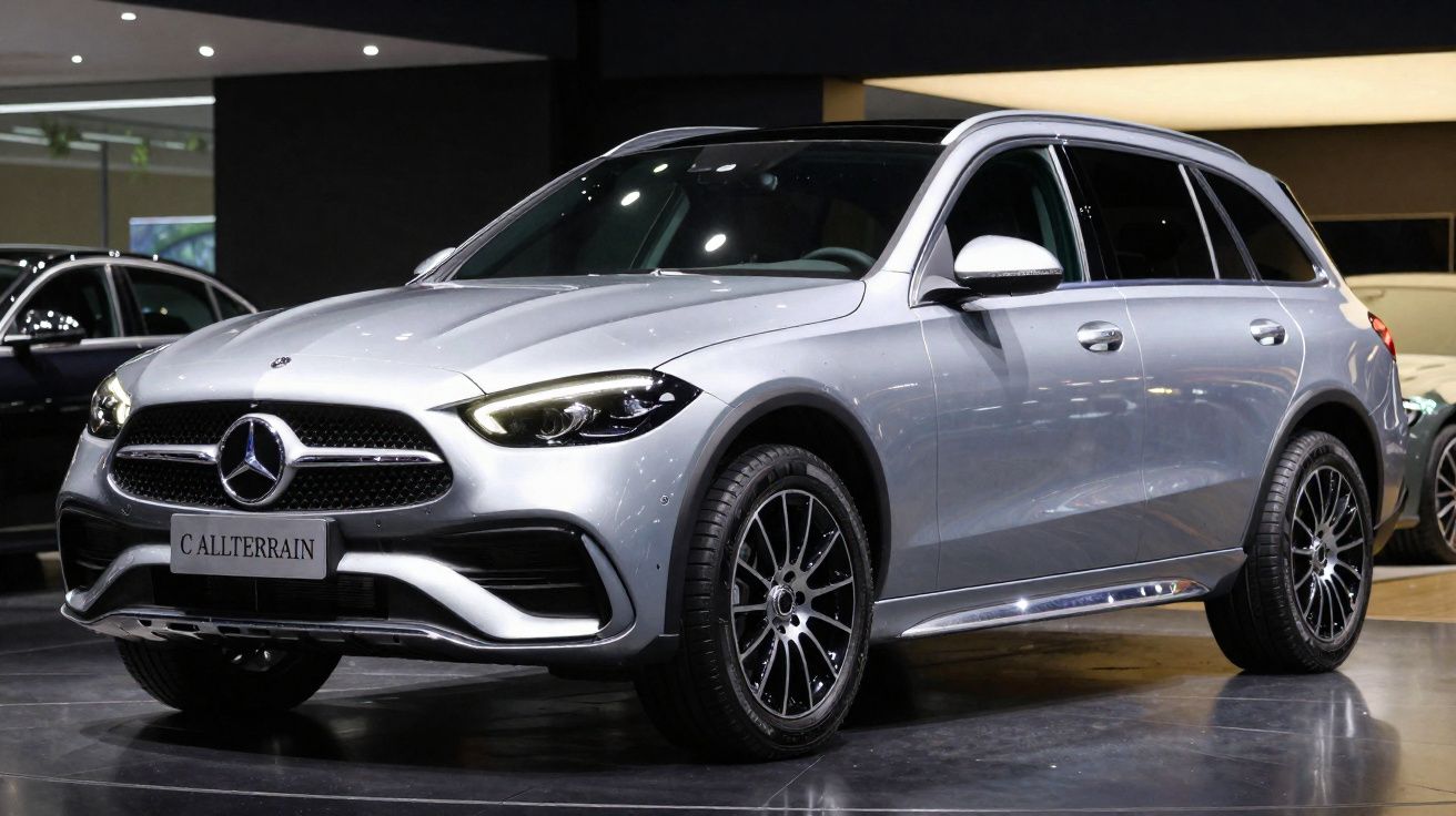 Carro Mercedes-Benz C All Terrain prata exposto em salão, vista dianteira lateral direita.