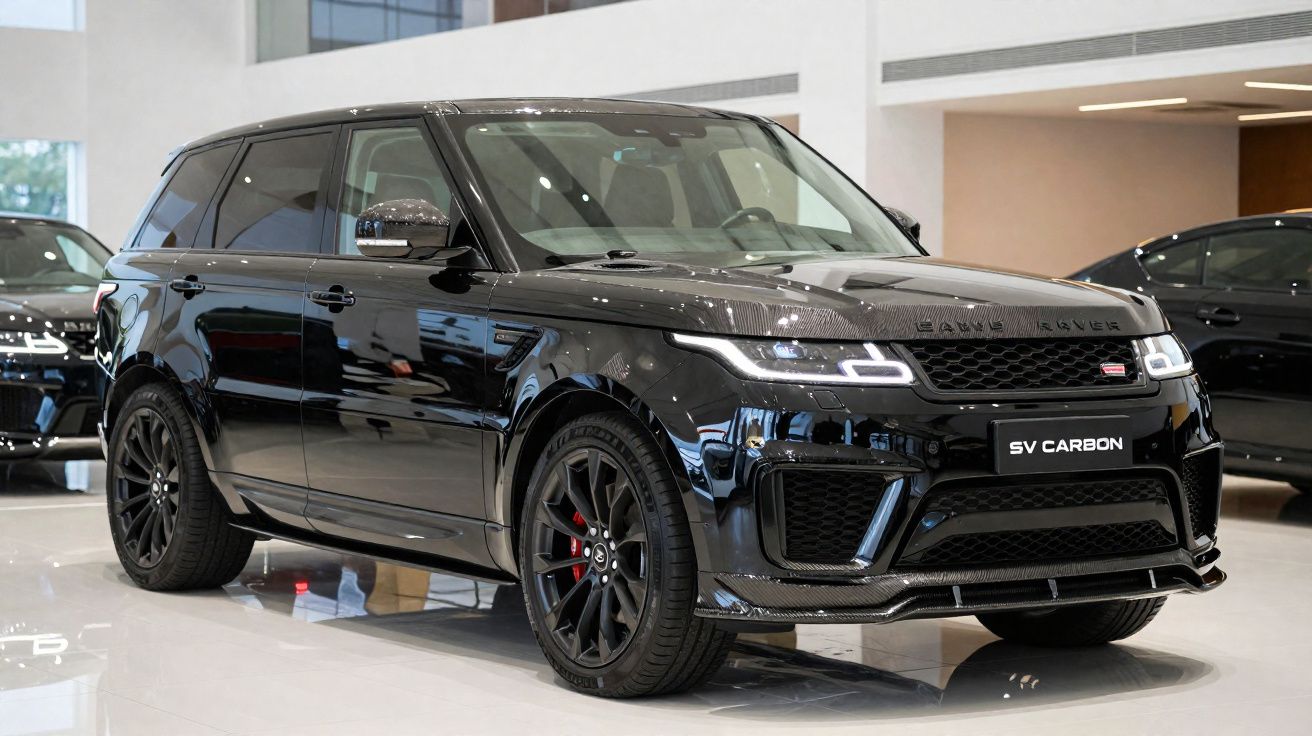 Carro SUV preto Range Rover SV Carbon estacionado em interior moderno e iluminado.