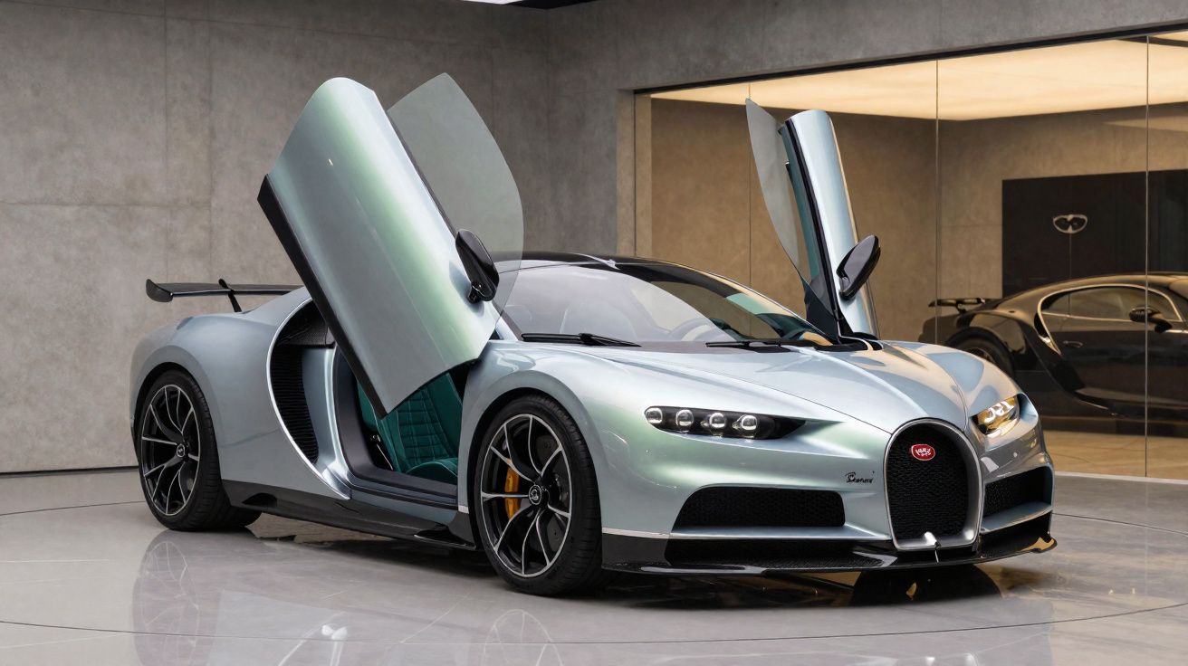 Carro desportivo prateado com portas em asa de gaivota num showroom moderno.