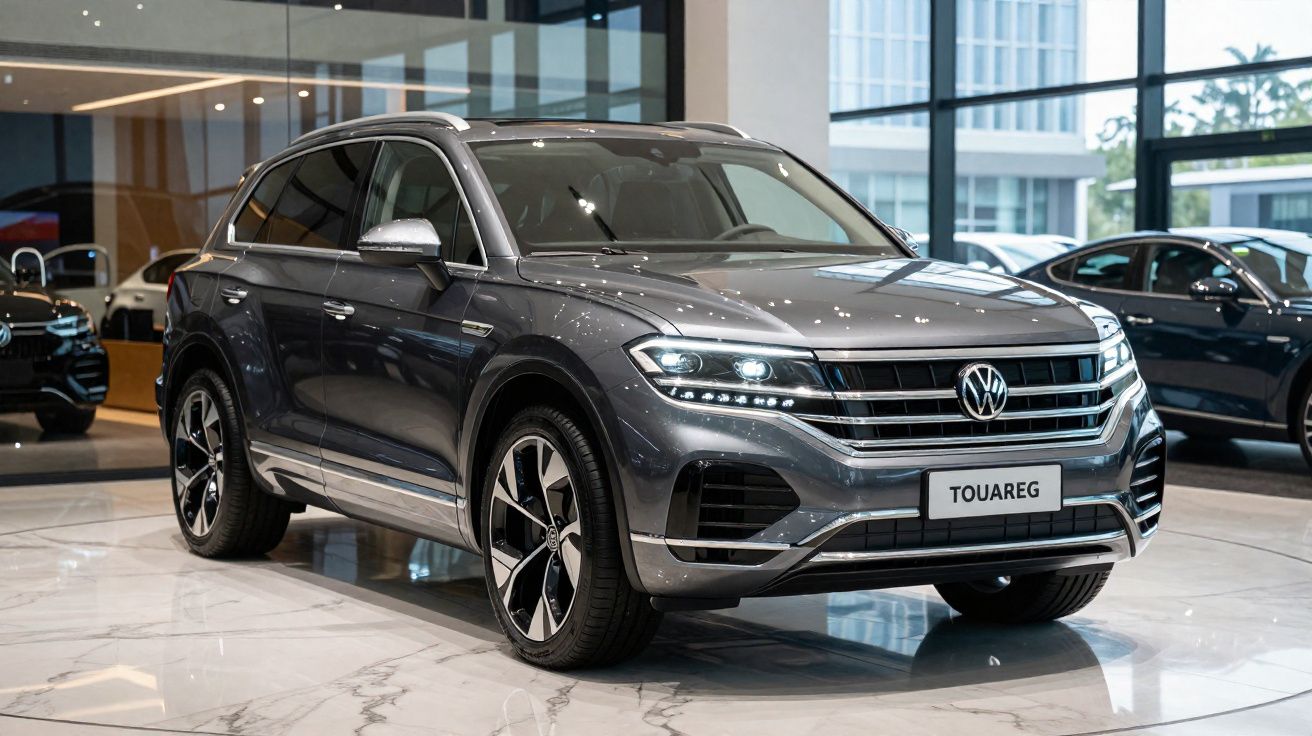 Volkswagen Touareg cinzento estacionado num showroom moderno com piso em mármore brilhante.