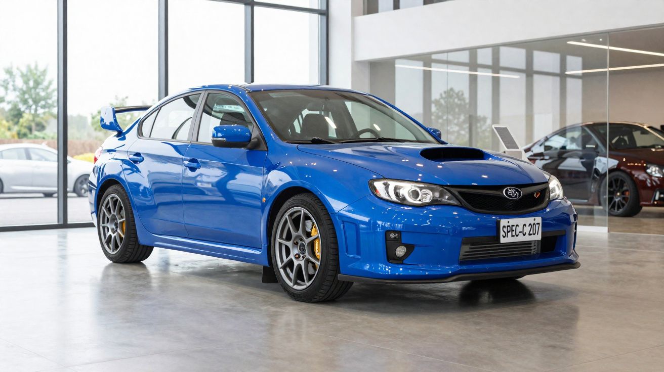 Carro desportivo azul Subaru estacionado num salão moderno com jantes cinzentas.