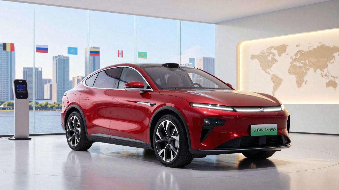 Carro elétrico vermelho com design moderno exposto num salão com janelas grandes e mapa mundi iluminado na parede.